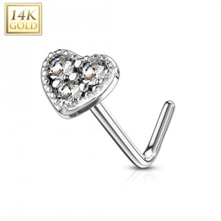 Piercing nez or blanc 14 carats � embout coeur clair - Tige L