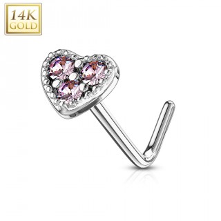 Piercing nez or blanc 14 carats � embout coeur rose - Tige L