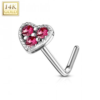 Piercing nez or blanc 14 carats � embout coeur rouge - Tige L