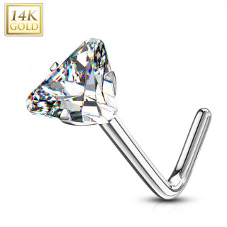 Piercing nez or blanc 14 carats � embout triange clair - Tige L