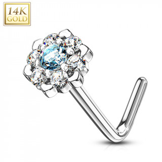 Piercing nez or blanc 14 carats � fleur �tincelante - Clair et aqua- Tige L