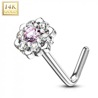 Piercing nez or blanc 14 carats � fleur �tincelante - Clair et rose- Tige L