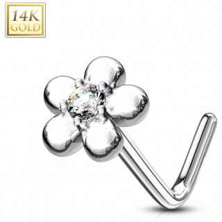 Piercing nez or blanc 14 carats fleur sertie � p�tales ronds - Clair - Tige L