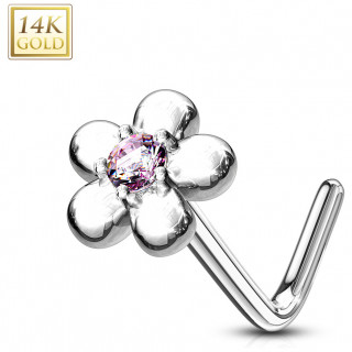 Piercing nez or blanc 14 carats fleur sertie � p�tales ronds - Rose - Tige L