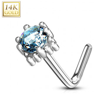 Piercing nez or blanc 14 carats � griffe de sertissage carr�e - Aqua - Tige L