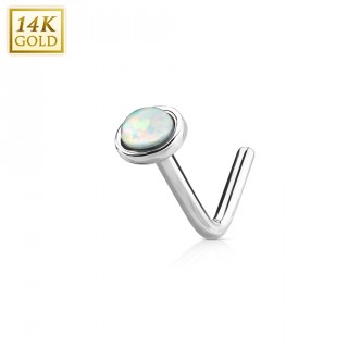 Piercing nez or blanc 14 carats � Opale blanche - tige "L"