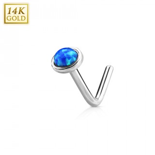 Piercing nez or blanc 14 carats � Opale bleue - tige "L"