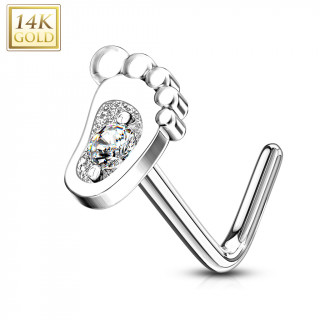 Piercing nez or blanc 14 carats � pied de b�b� sertie - Tige L