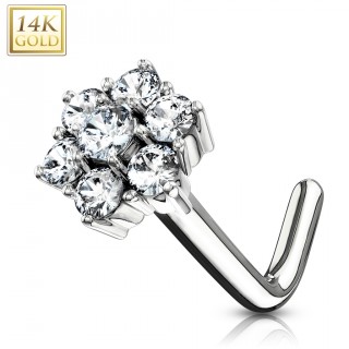 Piercing nez or blanc 14 carats tige L � fleur de zirconiums