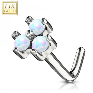 Piercing nez or blanc 14 carats tige L � trio d'Opales blanches