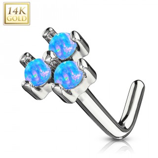 Piercing nez or blanc 14 carats tige L � trio d'Opales bleues