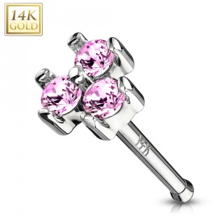 Piercing nez or blanc 14 carats � trio de zirconiums roses
