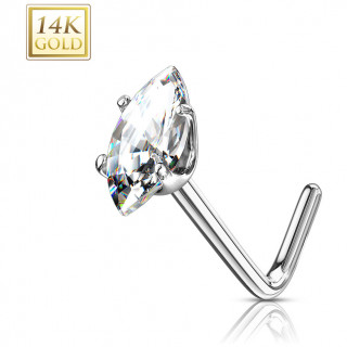 Piercing nez or blanc 14 carats � zirconium clair en amande - Tige L