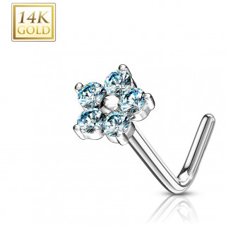 Piercing nez or blanc 14k tige L � fleur de zirconiums - Bleu aqua