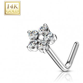 Piercing nez or blanc 14k tige L � fleur de zirconiums - Clair