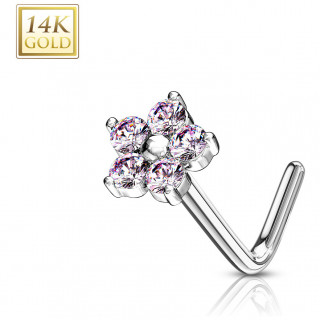 Piercing nez or blanc 14k tige L � fleur de zirconiums - Rose