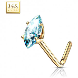 Piercing nez or 14 carats � zirconium bleu en amande - Tige L