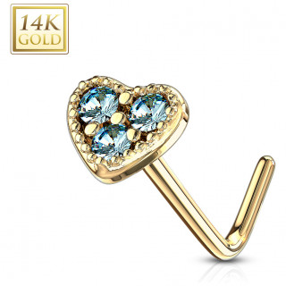 Piercing nez or 14 carats � embout coeur bleu ciel - Tige L