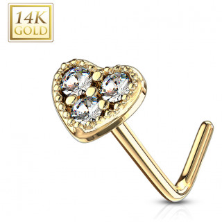Piercing nez or 14 carats � embout coeur clair - Tige L