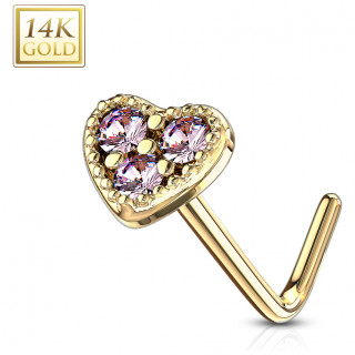 Piercing nez or 14 carats � embout coeur rose - Tige L