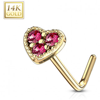 Piercing nez or 14 carats � embout coeur rouge - Tige L