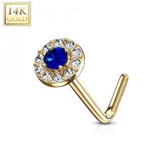 Piercing nez or 14 carats � embout rond bleu et clair - Tige L