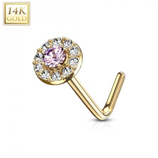 Piercing nez or 14 carats � embout rond clair et rose - Tige L