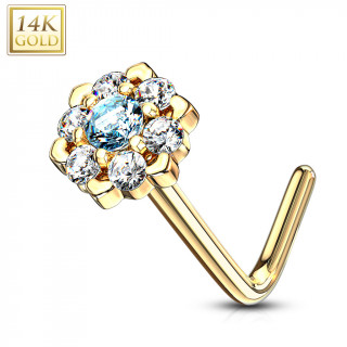 Piercing nez or 14 carats � fleur �tincelante - Clair et aqua - Tige L