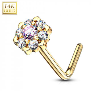 Piercing nez or 14 carats � fleur �tincelante - Clair et rose - Tige L