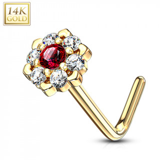 Piercing nez or 14 carats � fleur �tincelante - Clair et rouge - Tige L