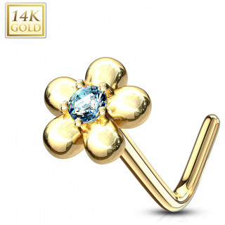 Piercing nez or 14 carats fleur sertie � p�tales ronds - Aqua - Tige L