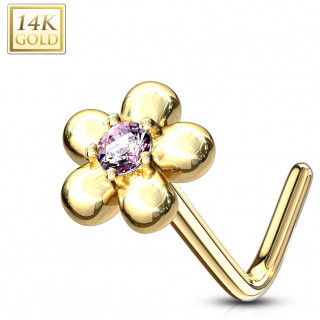 Piercing nez or 14 carats fleur sertie � p�tales ronds - Rose - Tige L