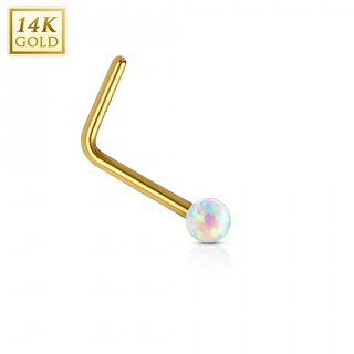 Piercing nez or jaune 14 carats avec Opale synth�tique blanche