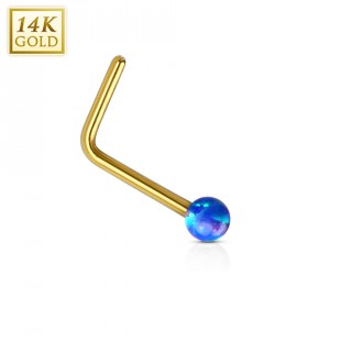 Piercing nez or jaune 14 carats avec Opale synth�tique bleue