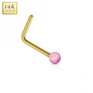 Piercing nez or jaune 14 carats avec Opale synth�tique rose