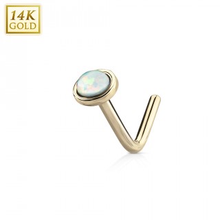 Piercing nez or jaune 14 carats � Opale blanche - tige "L"
