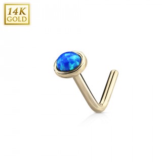 Piercing nez or jaune 14 carats � Opale bleue - tige "L"