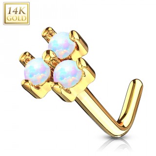 Piercing nez or jaune 14 carats tige L � trio d'Opales blanches