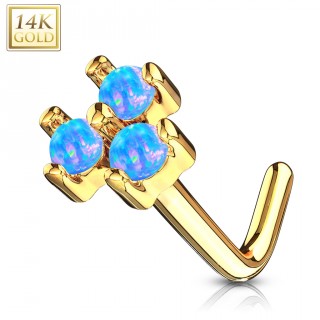 Piercing nez or jaune 14 carats tige L � trio d'Opales bleues