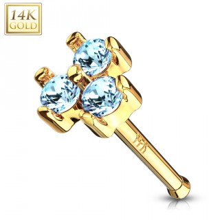 Piercing nez or jaune 14 carats � trio de zirconiums bleus