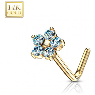 Piercing nez or jaune 14k tige L � fleur de zirconiums - Bleu aqua