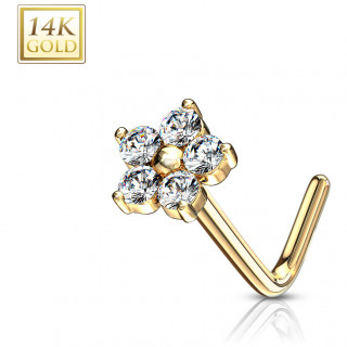 Piercing nez or jaune 14k tige L � fleur de zirconiums - Clair