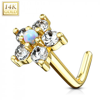 Piercing nez or jaune 14k tige L � fleur de zirconiums et opale blanche
