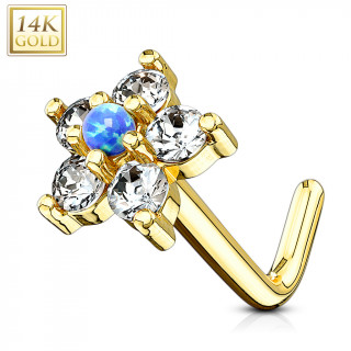 Piercing nez or jaune 14k tige L � fleur de zirconiums et opale bleue