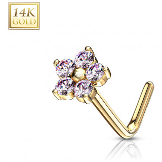 Piercing nez or jaune 14k tige L � fleur de zirconiums - Rose