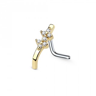 Piercing nez tige "L" � barrette pli�e dor�e avec double fleur strass