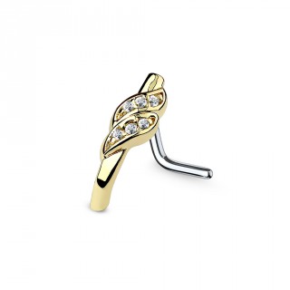 Piercing nez tige "L" � barrette pli�e dor�e � feuilles serties