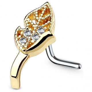 Piercing nez tige "L" � feuille dor�e pli�e sertie