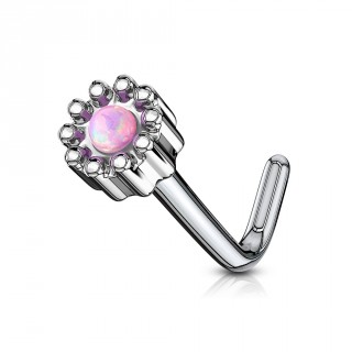 Piercing nez tige L � fleur abstraite sertie d'une Opale rose