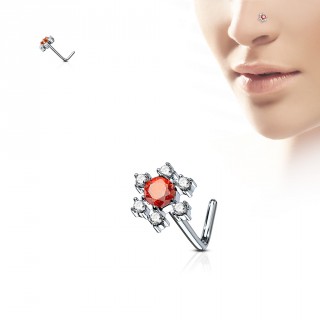 Piercing nez tige "L" � fleur scintillante de strass - clair et rouge